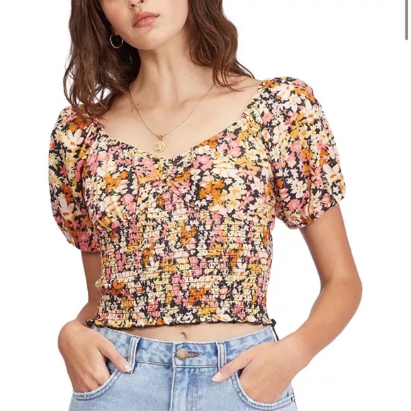 Billabong Get Along Smocked Cropped Top Cotton Pink Floral Juniors' Medium NWOT - Picture 2 of 13